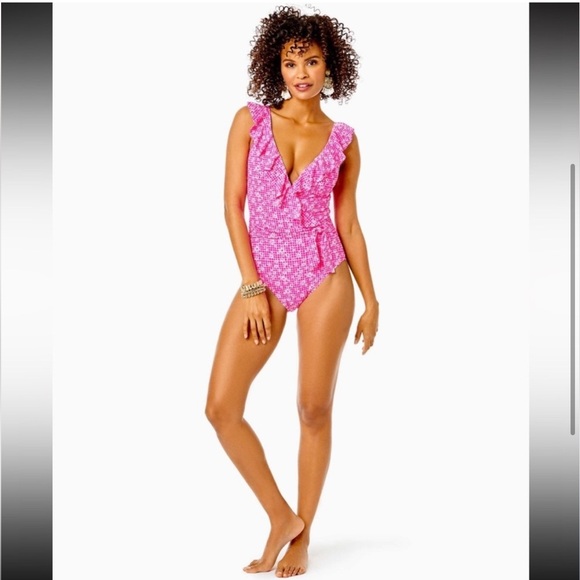 Lilly Pulitzer Delphie Pink Gingham Floral Ruffled One Piece Swimsuit Sz 4 NWT - Picture 6 of 8